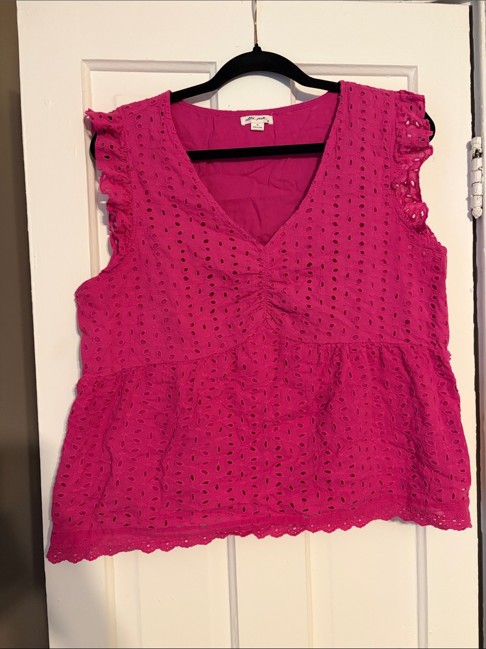 Hot Pink Eyelet V-Neck Ruffle Sleeve Tank
